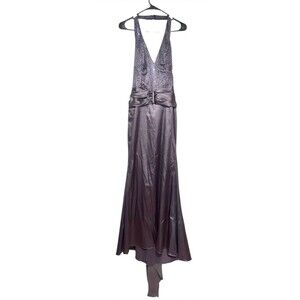 Vintage Lenovia Y2K Charcoal Gray Halter Formal Dress Gown Sequin Ruched